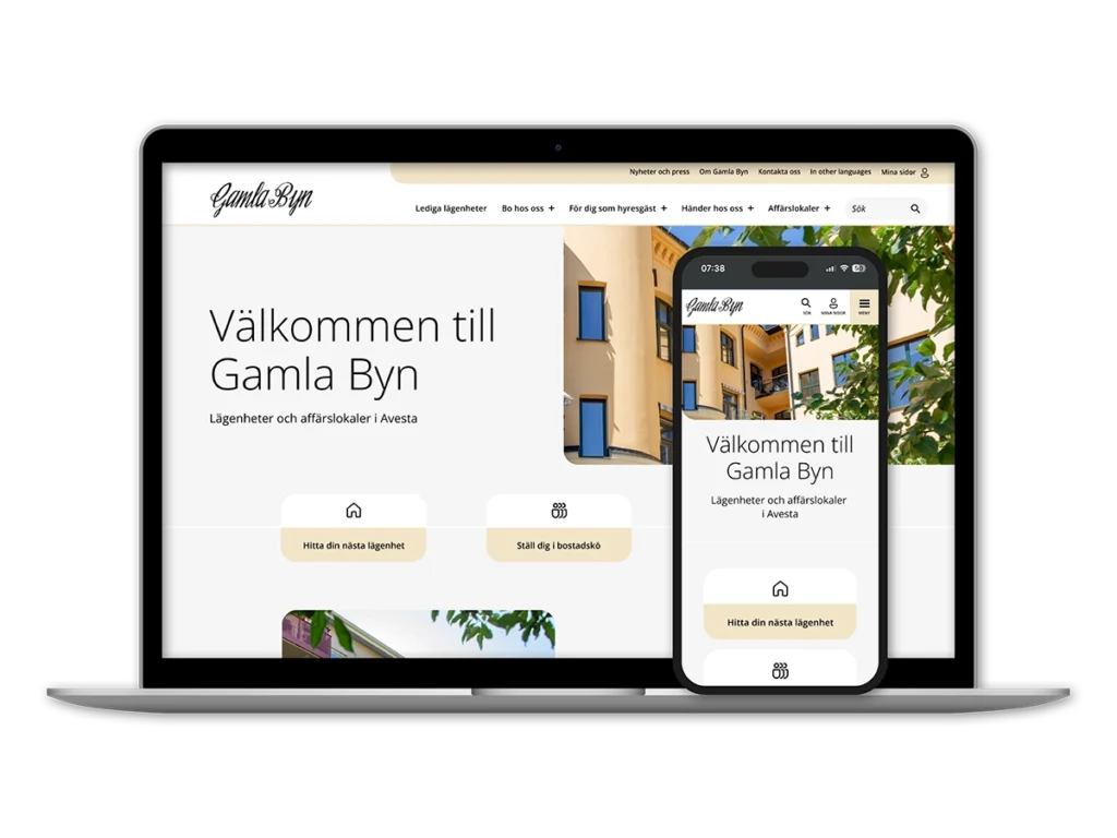 Gamla Byns webbplats i dator och mobil