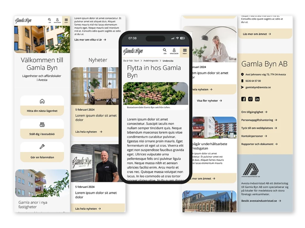 Vyer över Gamla byns webb i mobilläge